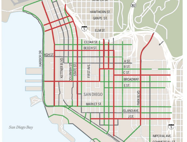 City of San Diego downtown bikeway map